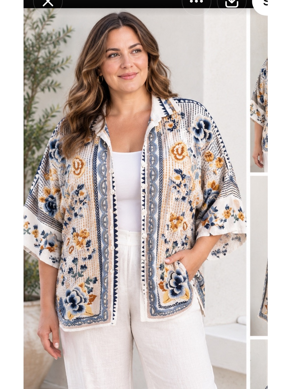 Johnny Was Embroidered Button Front Oversize Kimono Shirt Size S